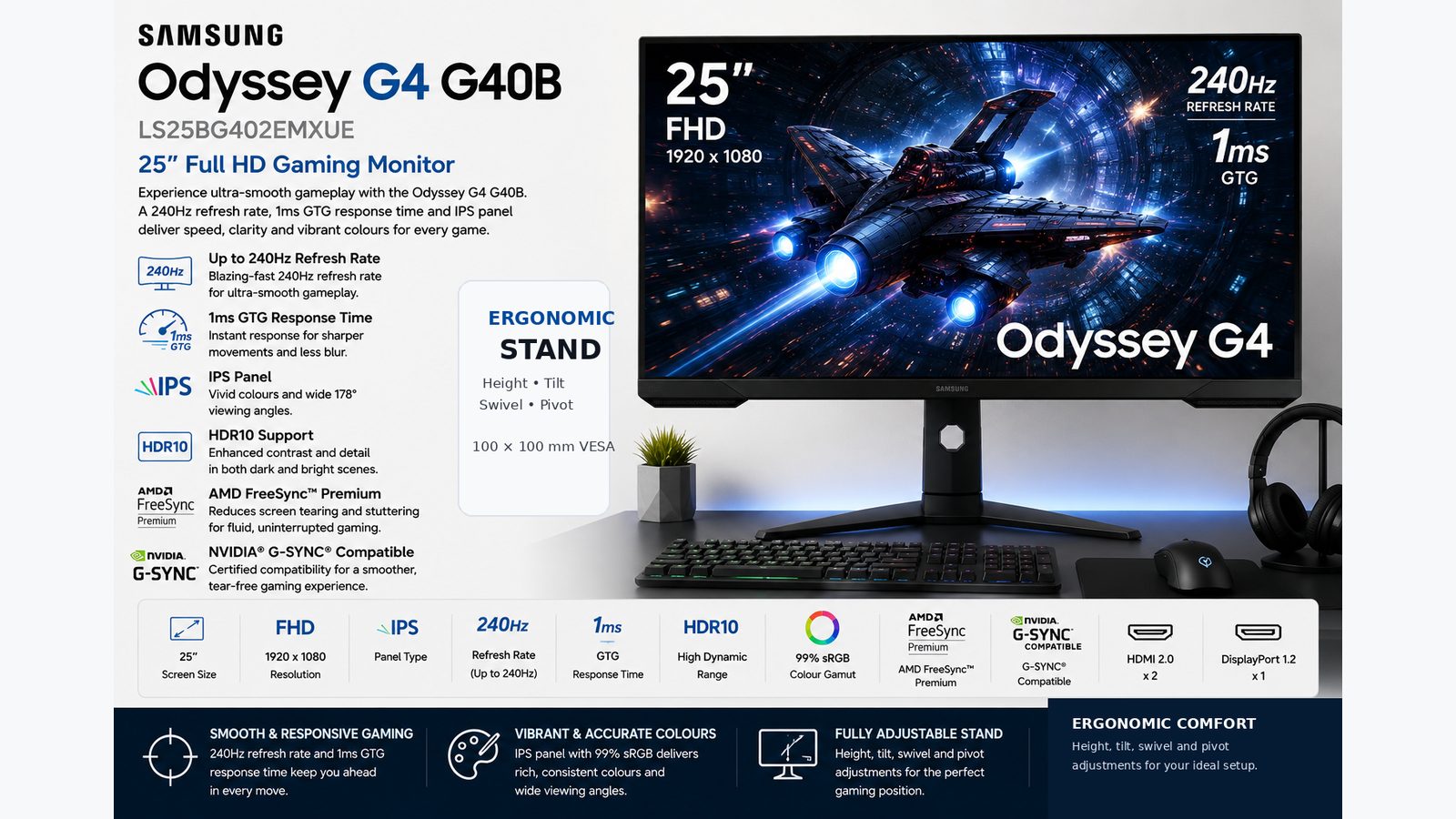 Samsung Odyssey G4 G40B LS25BG402EMXUE 25-inch FHD IPS Gaming Monitor, 240Hz, 1ms GTG, HDR10, FreeSync Premium, G-SYNC Compatible, Ergonomic Stand, HDMI, DisplayPort, Black, 3-Year Warranty | LS25BG402EMXUE